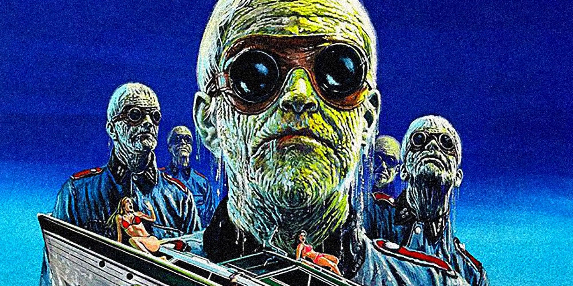 An illustrated poster for the movie Shock Waves, with five dripping zombies standing in Nazi uniform with a boat of terrified bathers in front of them.