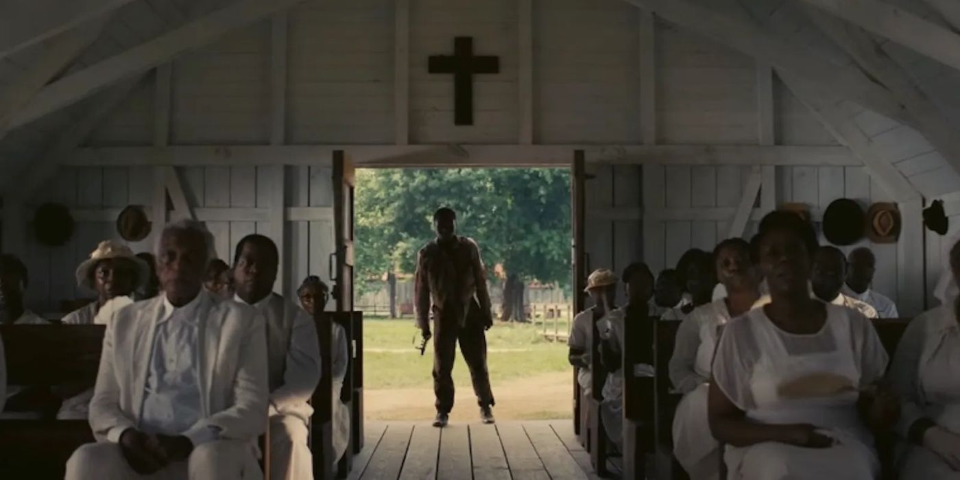 A vampire stumbling through the door of a church with people in the pews in Sinners.