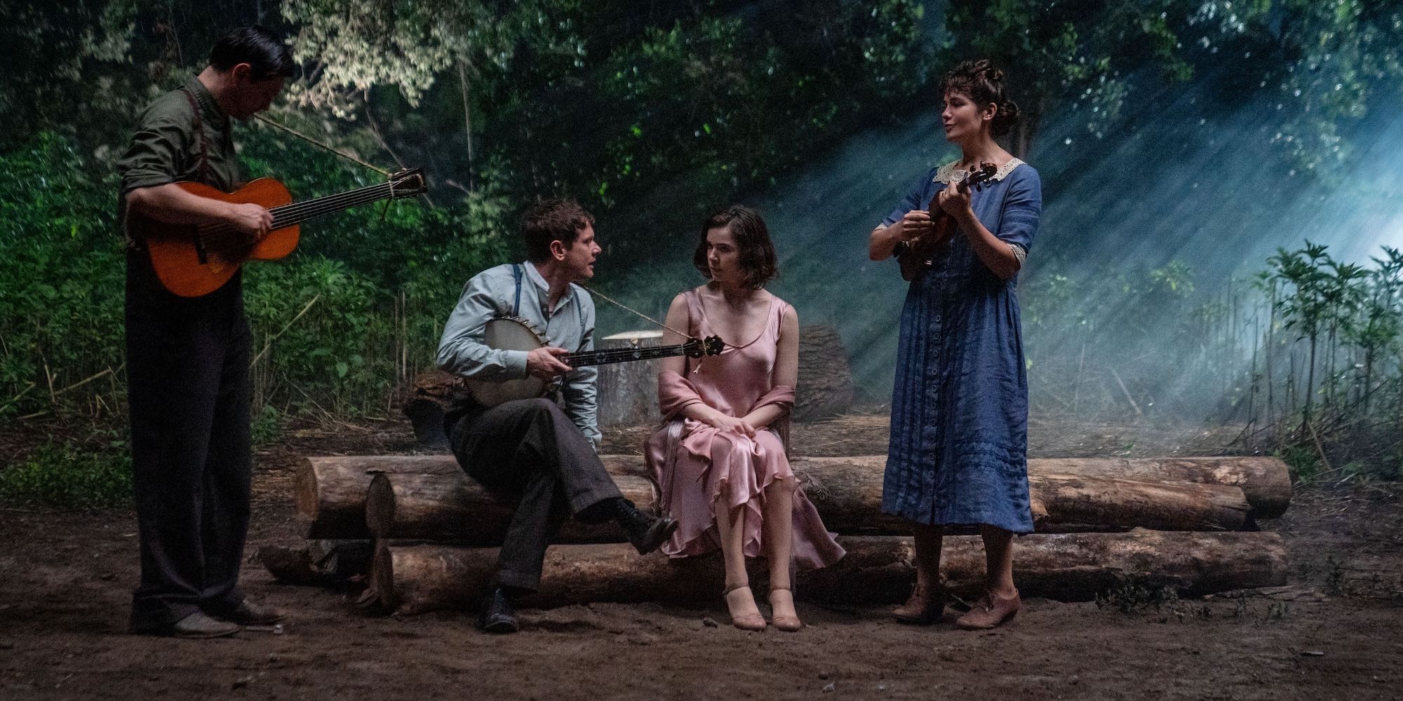 Peter Dreimanis as Burt, Jack O&rsquo;Connell as Remmick, Hailee Steinfeld as Mary, and Lola Kirke as Joan in Sinners