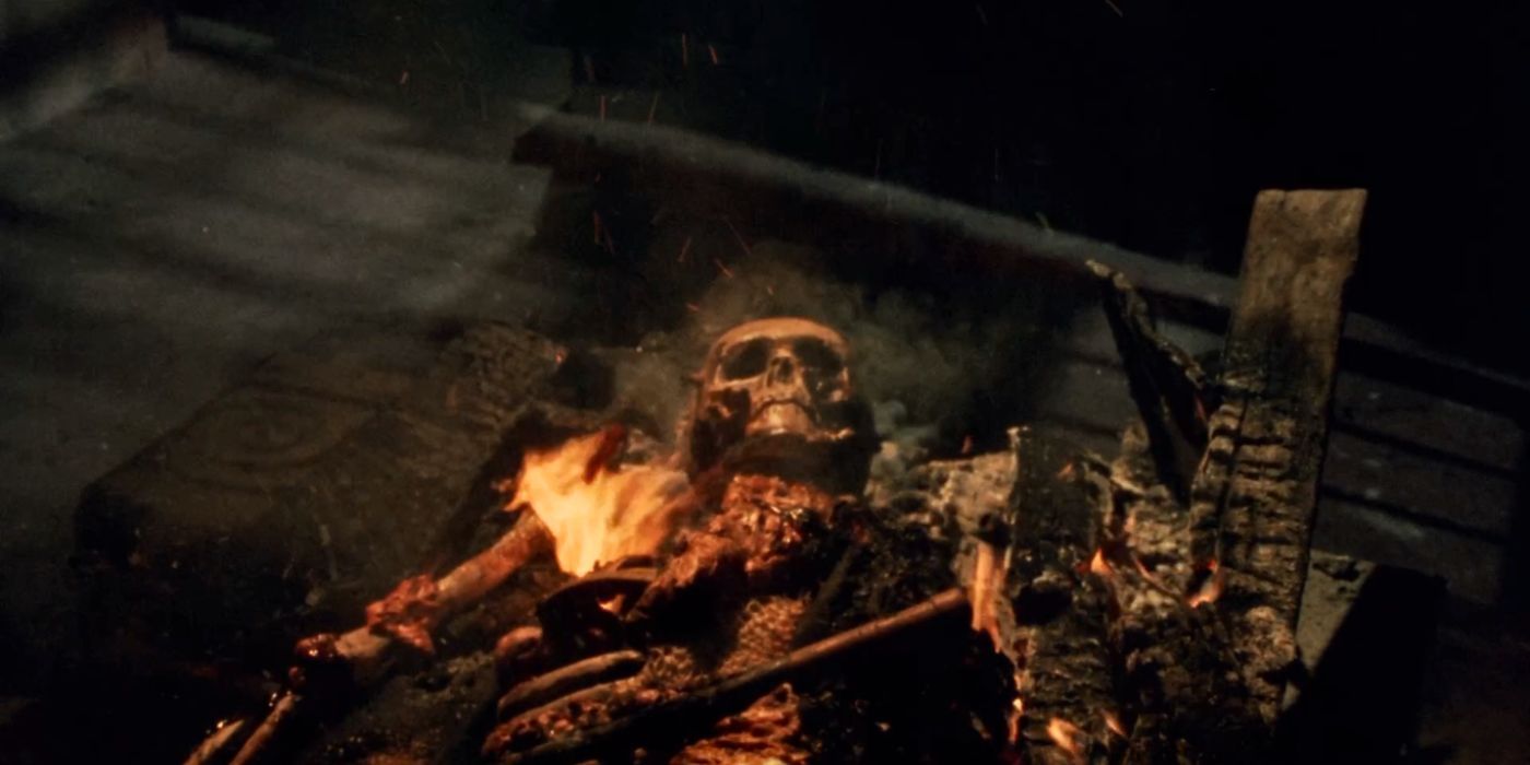 The skeleton of Kurt, the main antagonist, lies in its coffin as its burned in The Whip and the Body.