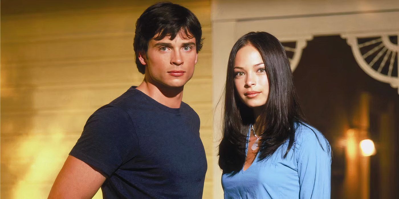 Smallville's Clark and Lana standing side by side looking at the camera.
