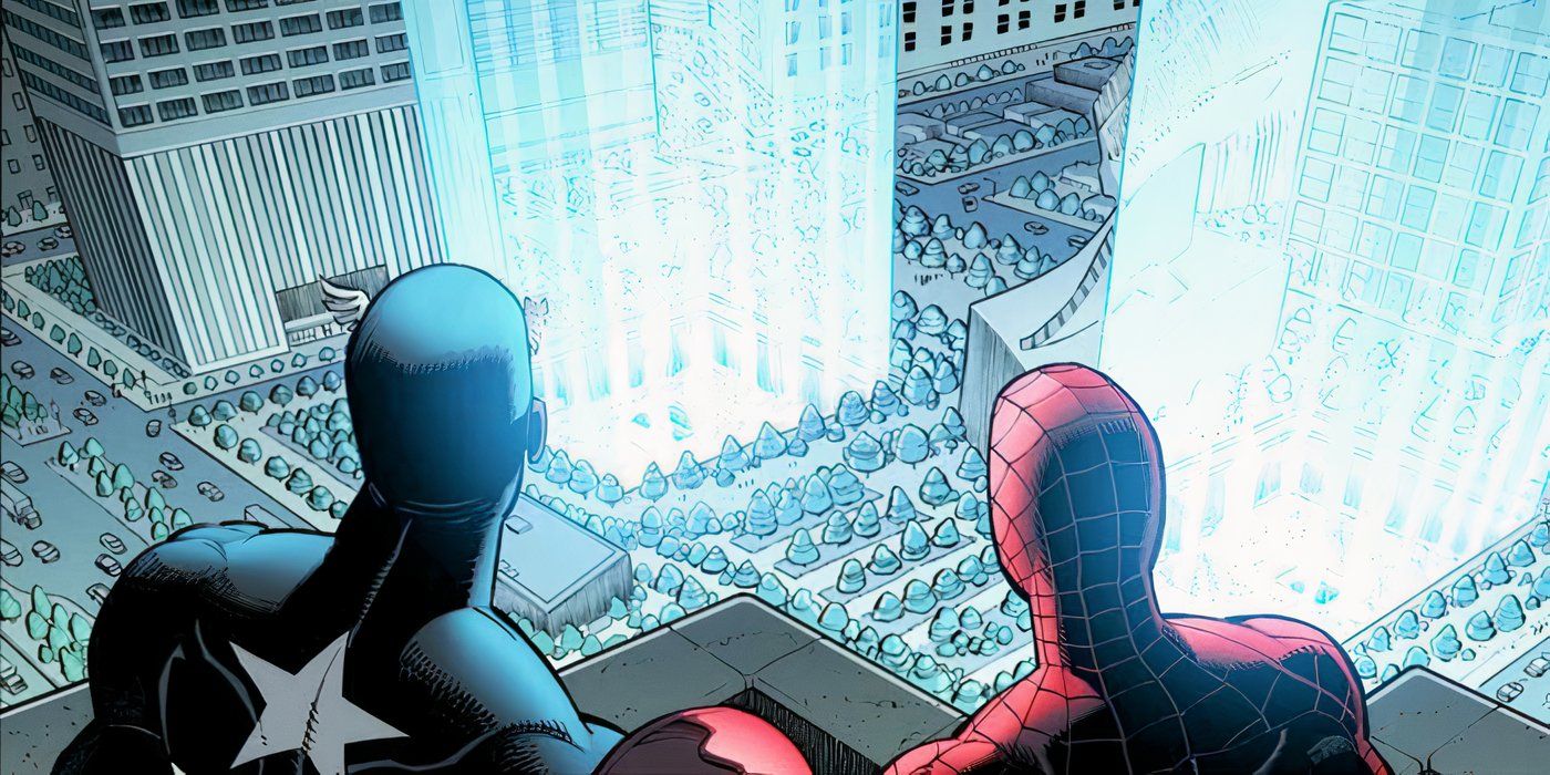 Spider-Man and Captain America looking at a memorial for the Twin Towers in Marvel Comics