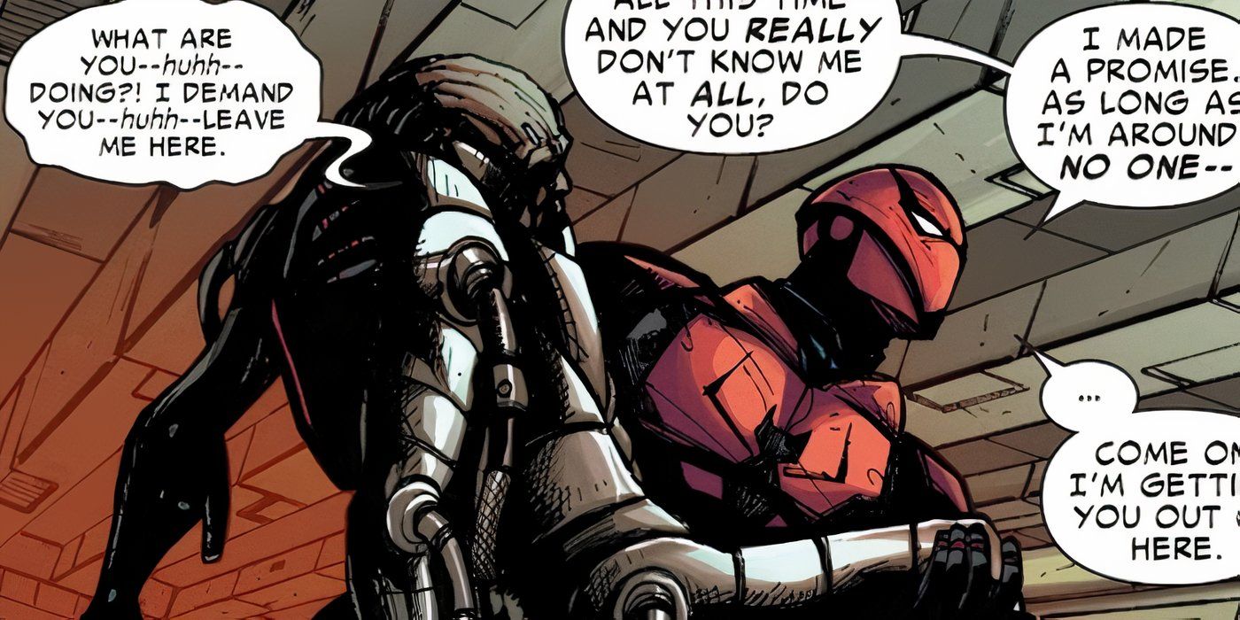 Spider-Man carrying Doc Ock out of a base in Marvel Comics