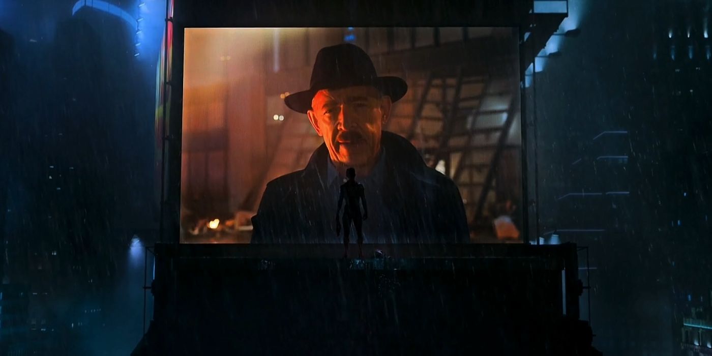 Spider-Man looking at J. Jonah Jameson on a billboard screen in Spider-Man: No Way Home