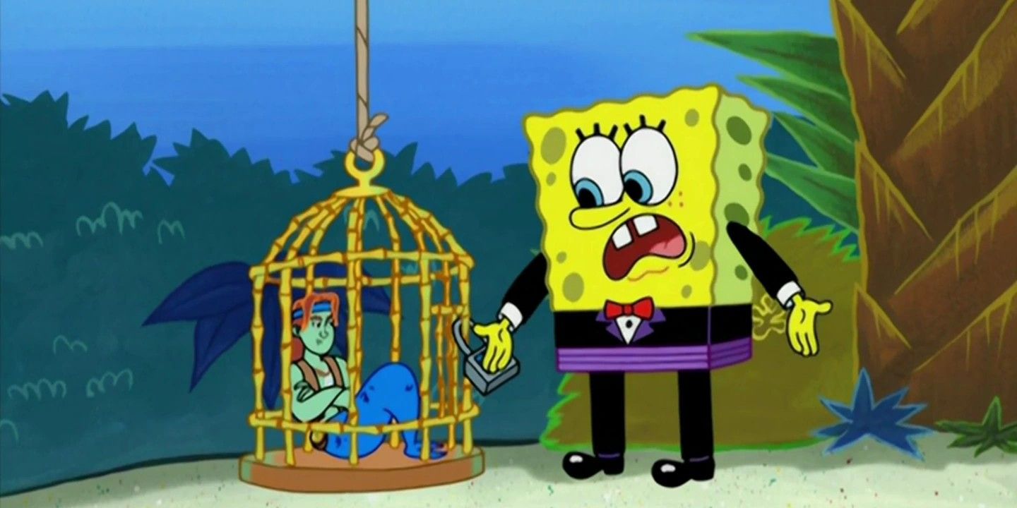 SpongeBob in a tuxedo talks to a small character inside a cage in SpongeBob SquarePants season 6.