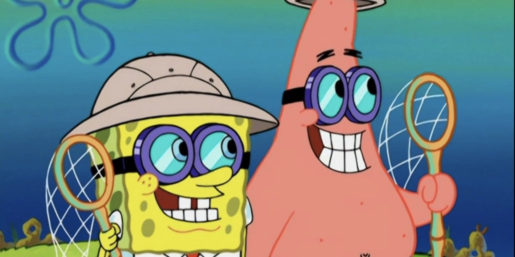 SpongeBob and Patrick wear goggles and hold nets, smiling in SpongeBob SquarePants.