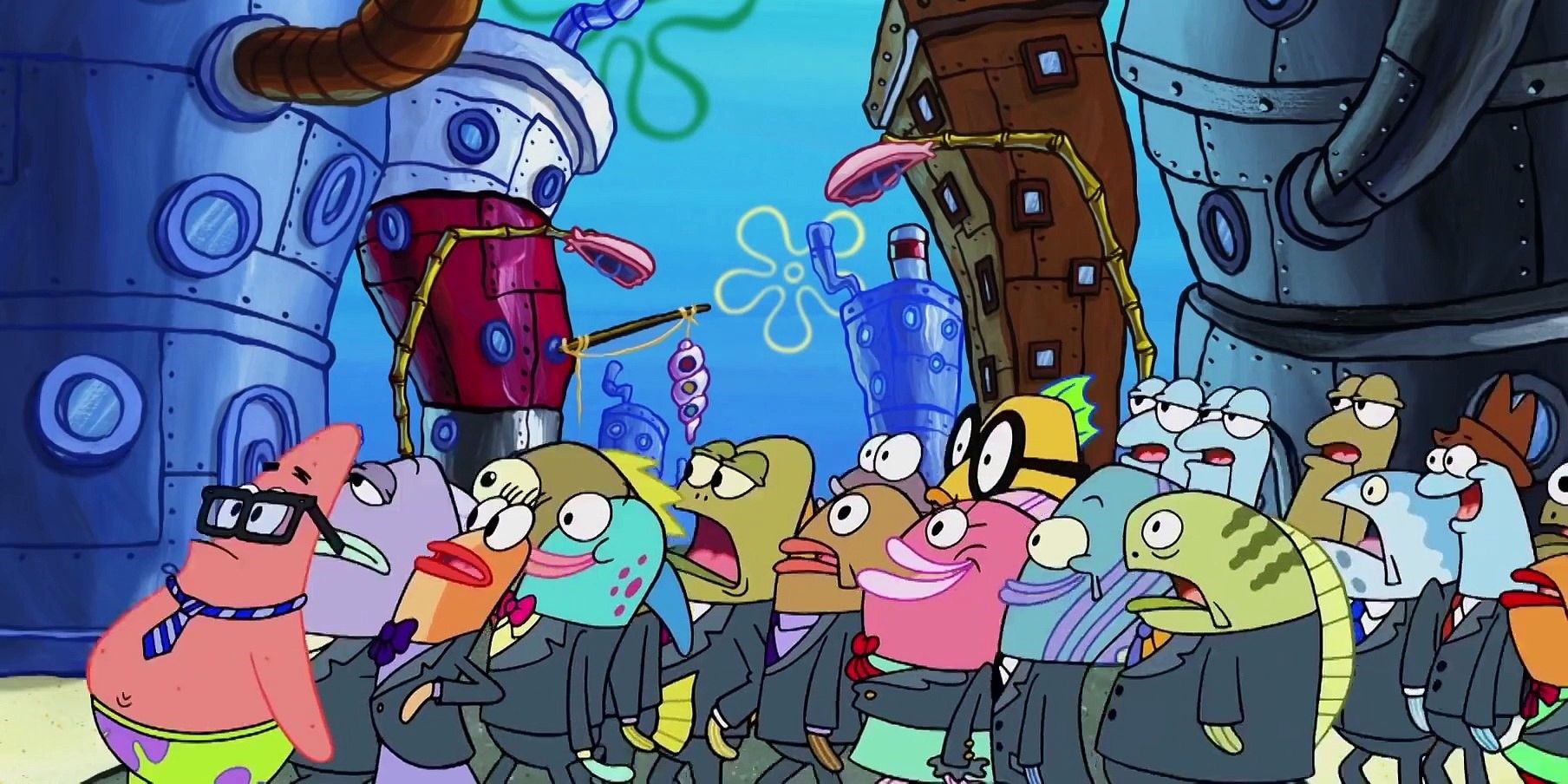 Patrick in a tie amid a crowd of others in business suits look in the same direction in SpongeBob SquarePants