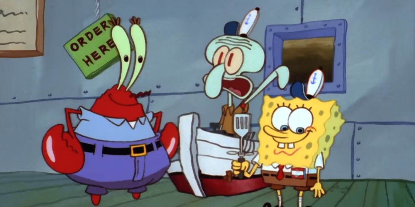 SpongeBob, Squidward, and Mr. Krabs stand together and talk in SpongeBob SquarePants' Help Wanted.