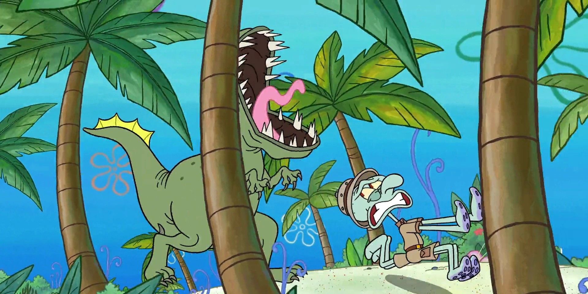 A dinosaur chases Squidward through a jungle in SpongeBob SquarePants season 14.