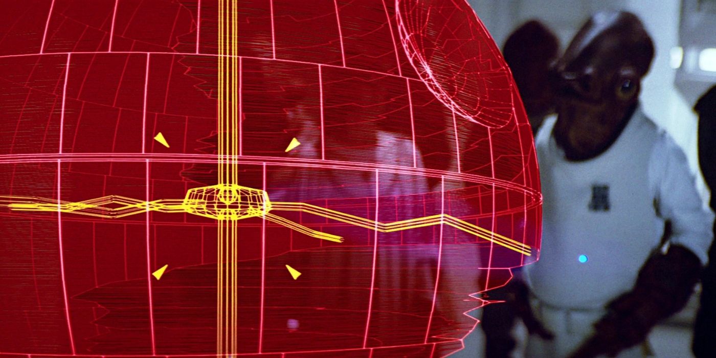 A holographic image of the Death Star II with Admiral Ackbar in the background in Star Wars: Return of the Jedi