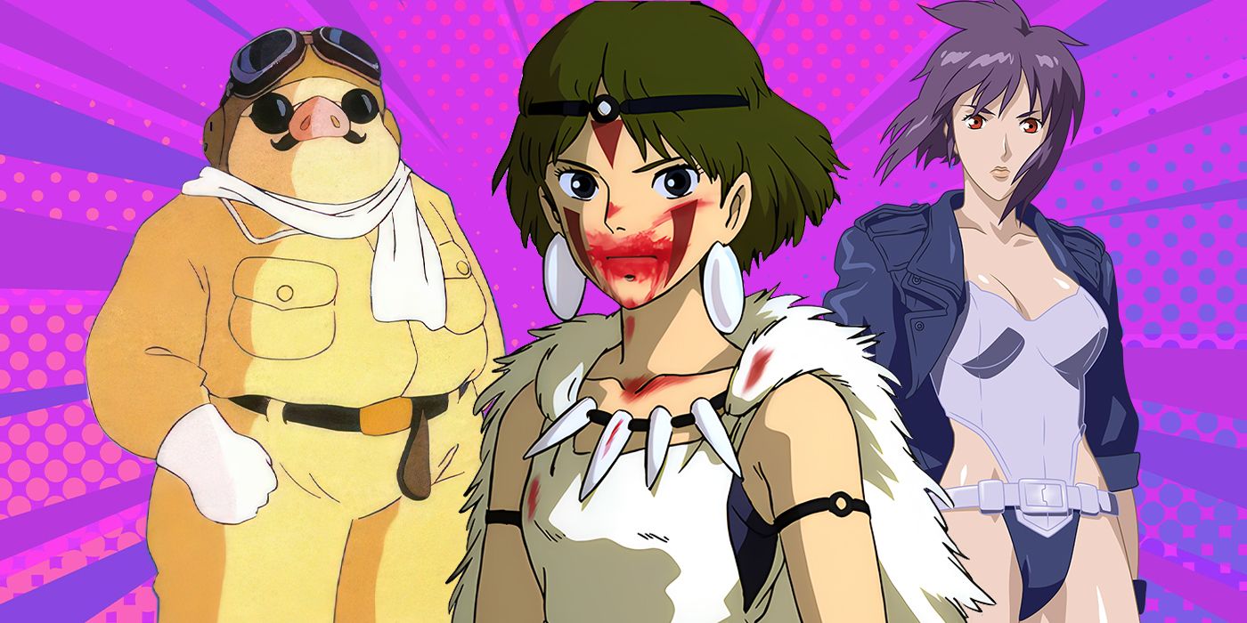 Stills from Porco Rosso, Princess Mononoke, and Ghost in the Shell