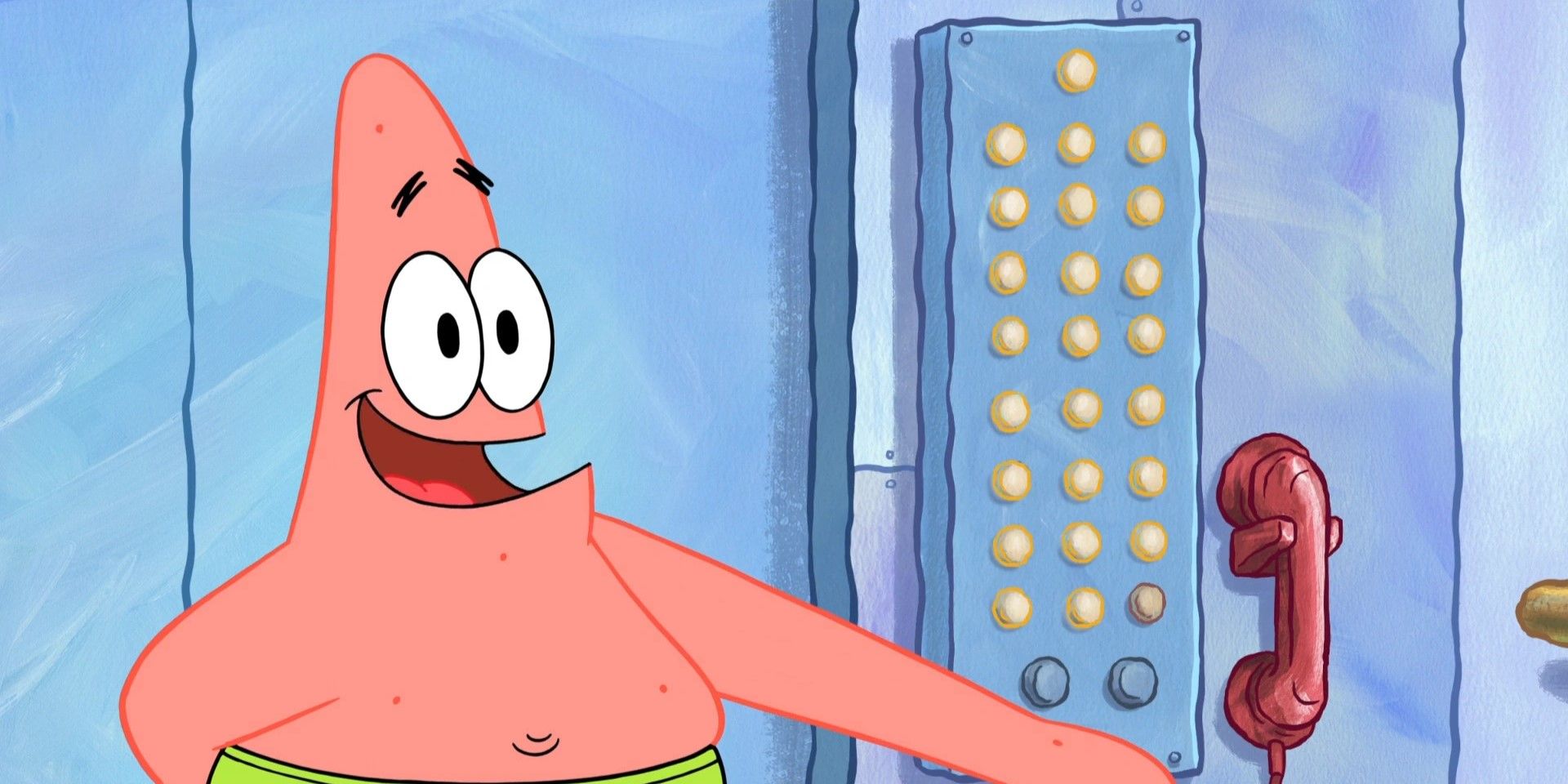 Patrick in an elevator with most of the buttons lit up in SpongeBob SquarePants season 15.