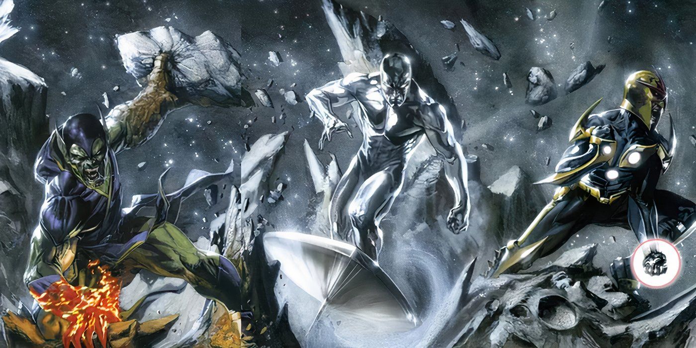 Super Skrull, Silver Surfer, and Nova fighting in space in Marvel Comics
