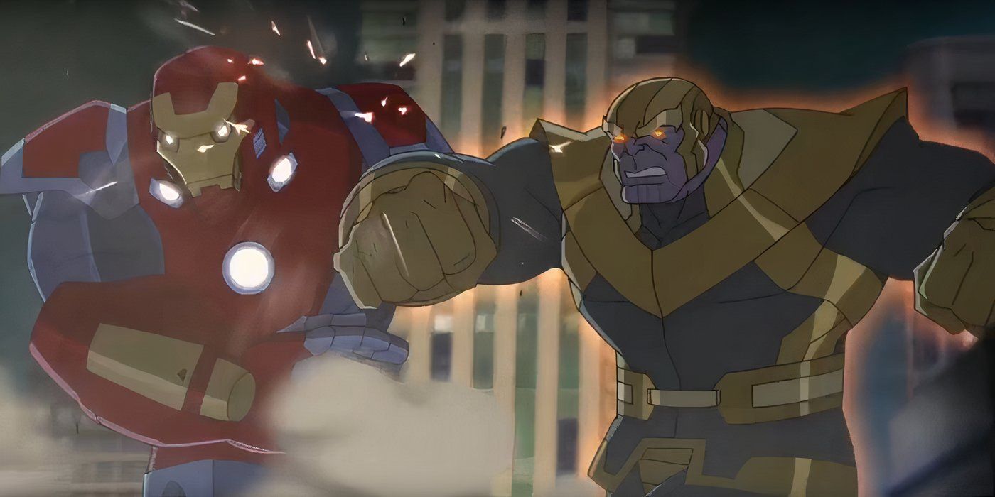 Thanos punching mecha Iron Man in Avengers Assemble.