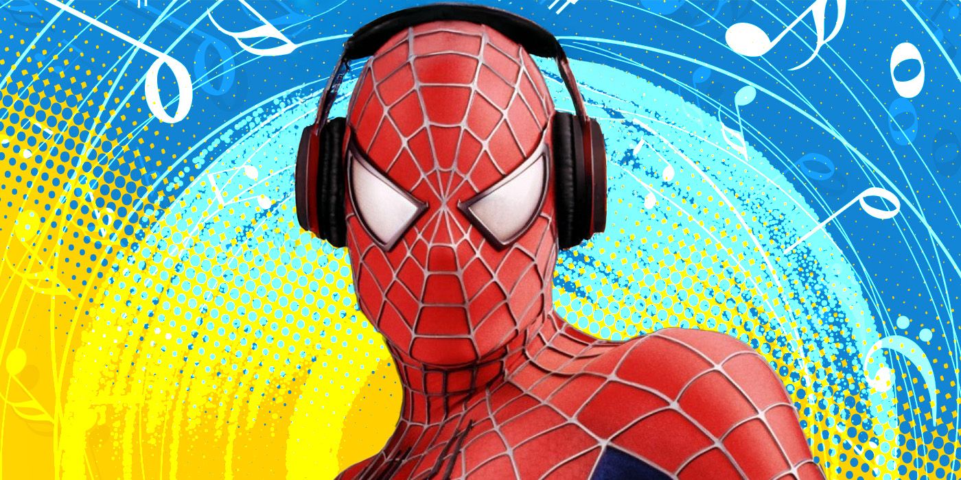 Blended image showing Spider-Man wearing headphones