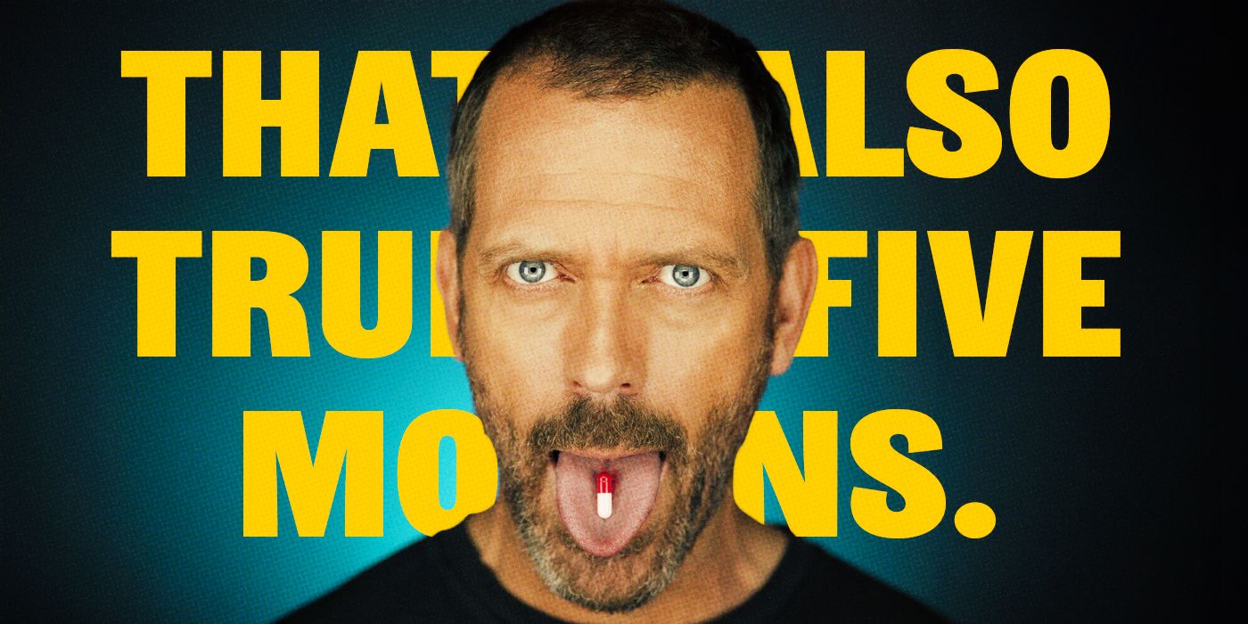 Blended image showing House with a pill on his tongue and a quote on the background.
