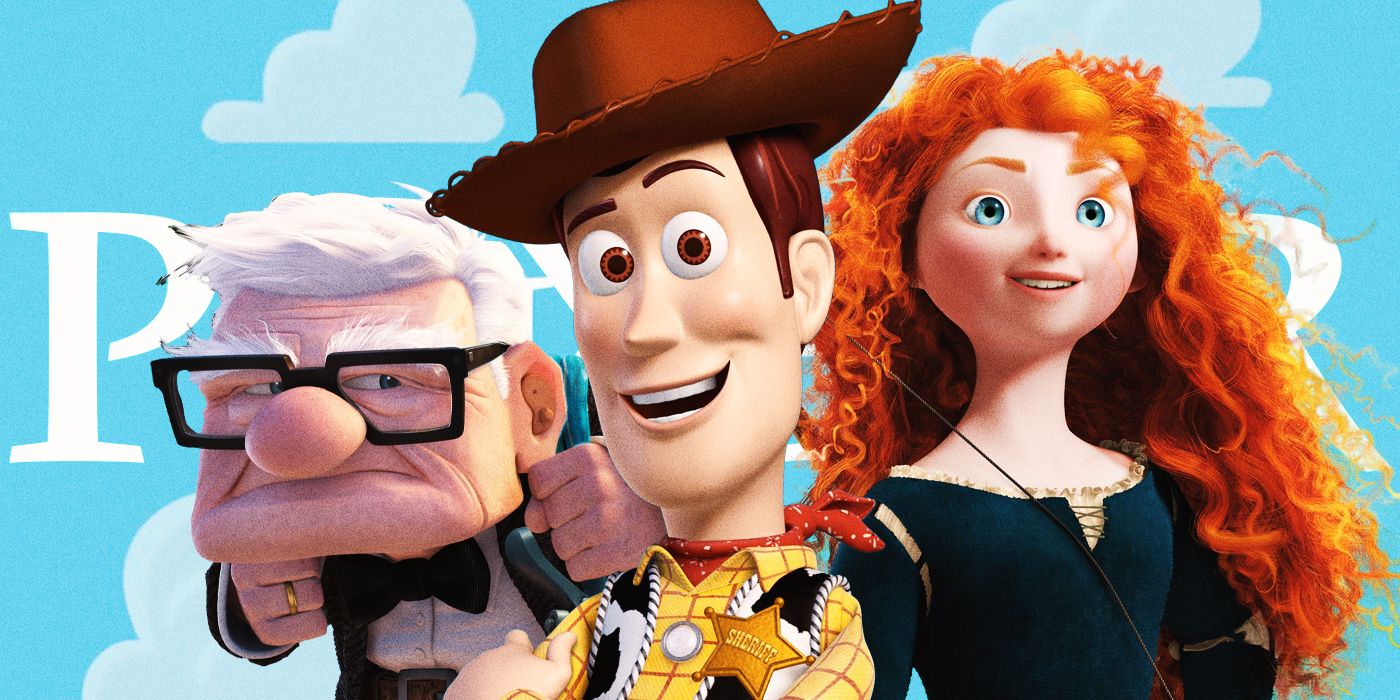 Blended image showing characters from Up, Toy Story, and Brave