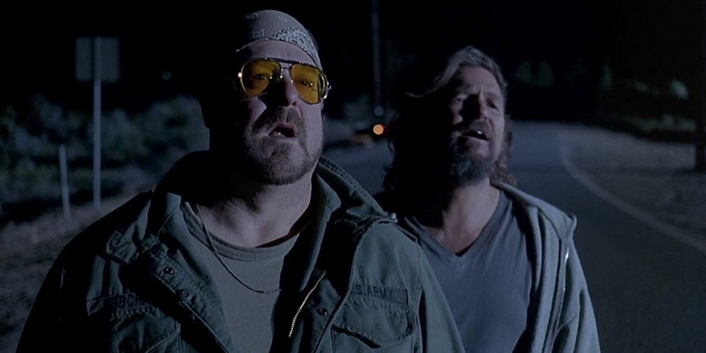 John Goodman as Walter and Jeff Bridges as the Dude standing on the road in The Big Lebowski