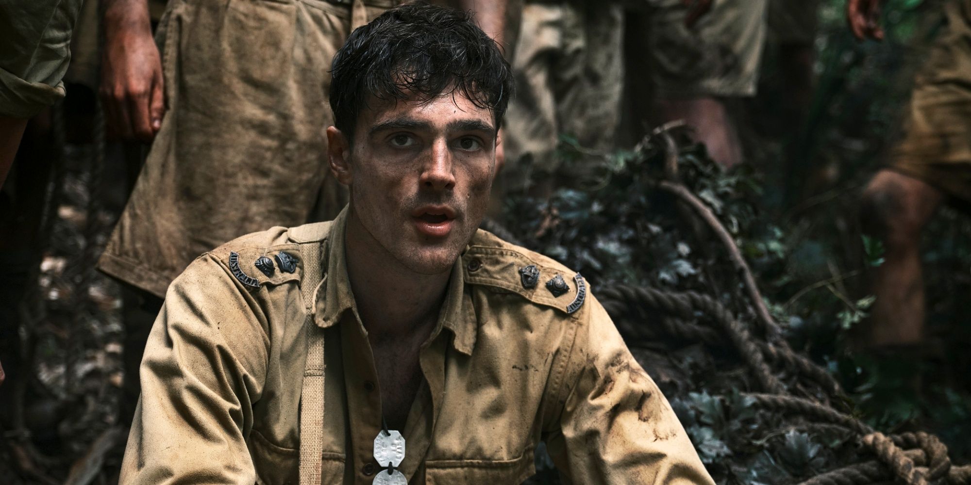 Jacob Elordi as Dorrigo Evans as an emaciated soldier in a POV camp in The Narrow Road to the Deep North