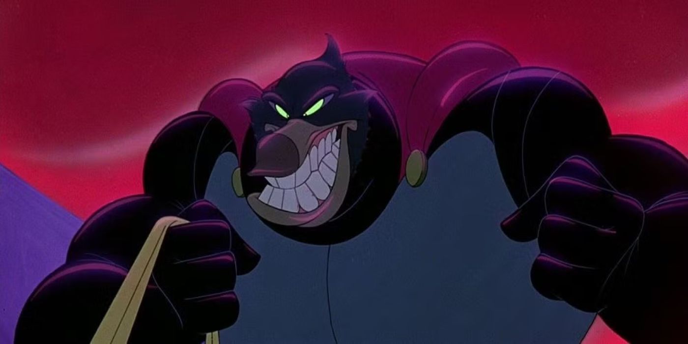 Drake, voiced by Tim Curry, grabbing hold of Hubie&rsquo;s scarf in The Pebble and the Penguin.