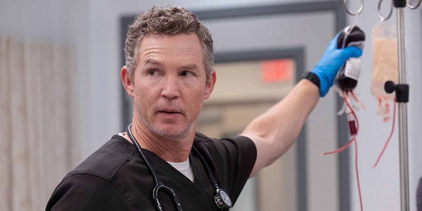 Shawn Hatosy as Dr. Abbot looking concerned in The Pitt Season 1, Episode 15.
