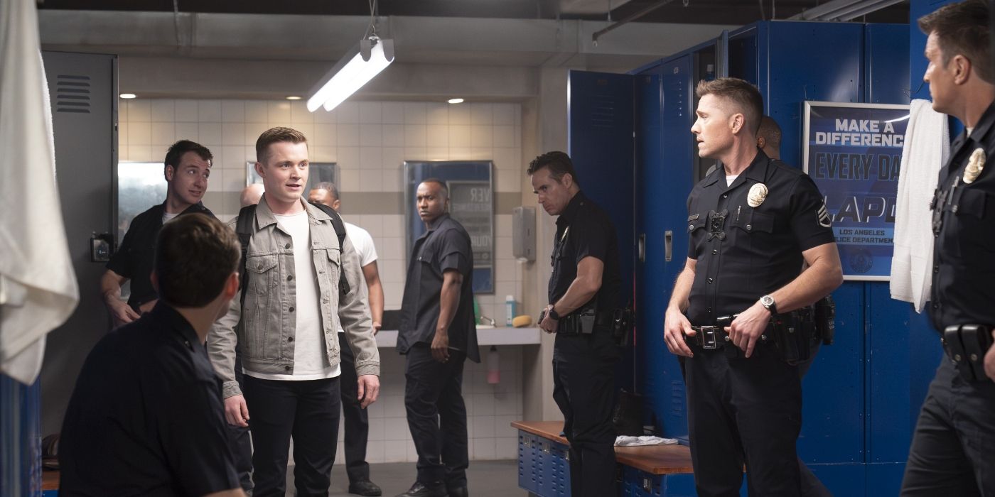 Seth is surrounded by police in the locker room in Season 7 of &lsquo;The Rookie&rsquo;