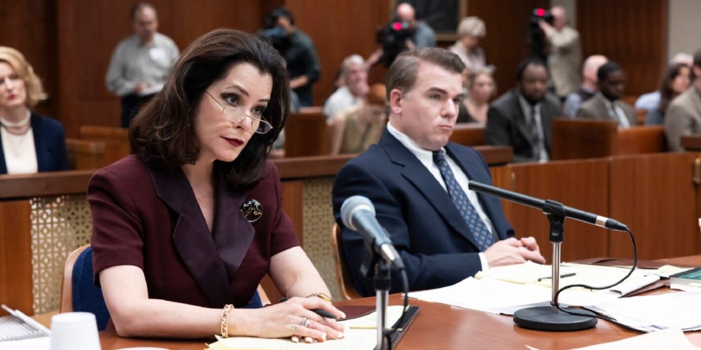 Parker Posey as Freda Black in The Staircase, sitting in a courtroom.