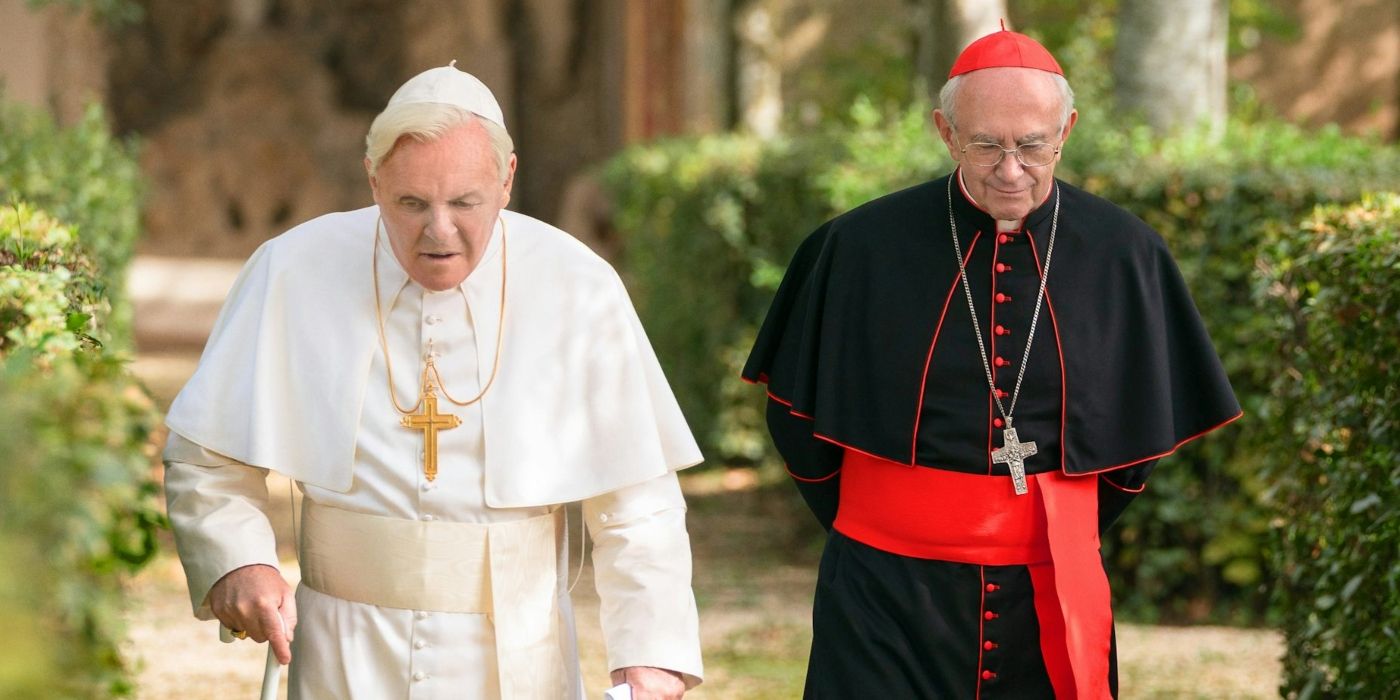 Anthony Hopkins and Jonathan Pryce as popes Benedict XVI and Francis in The Two Popes