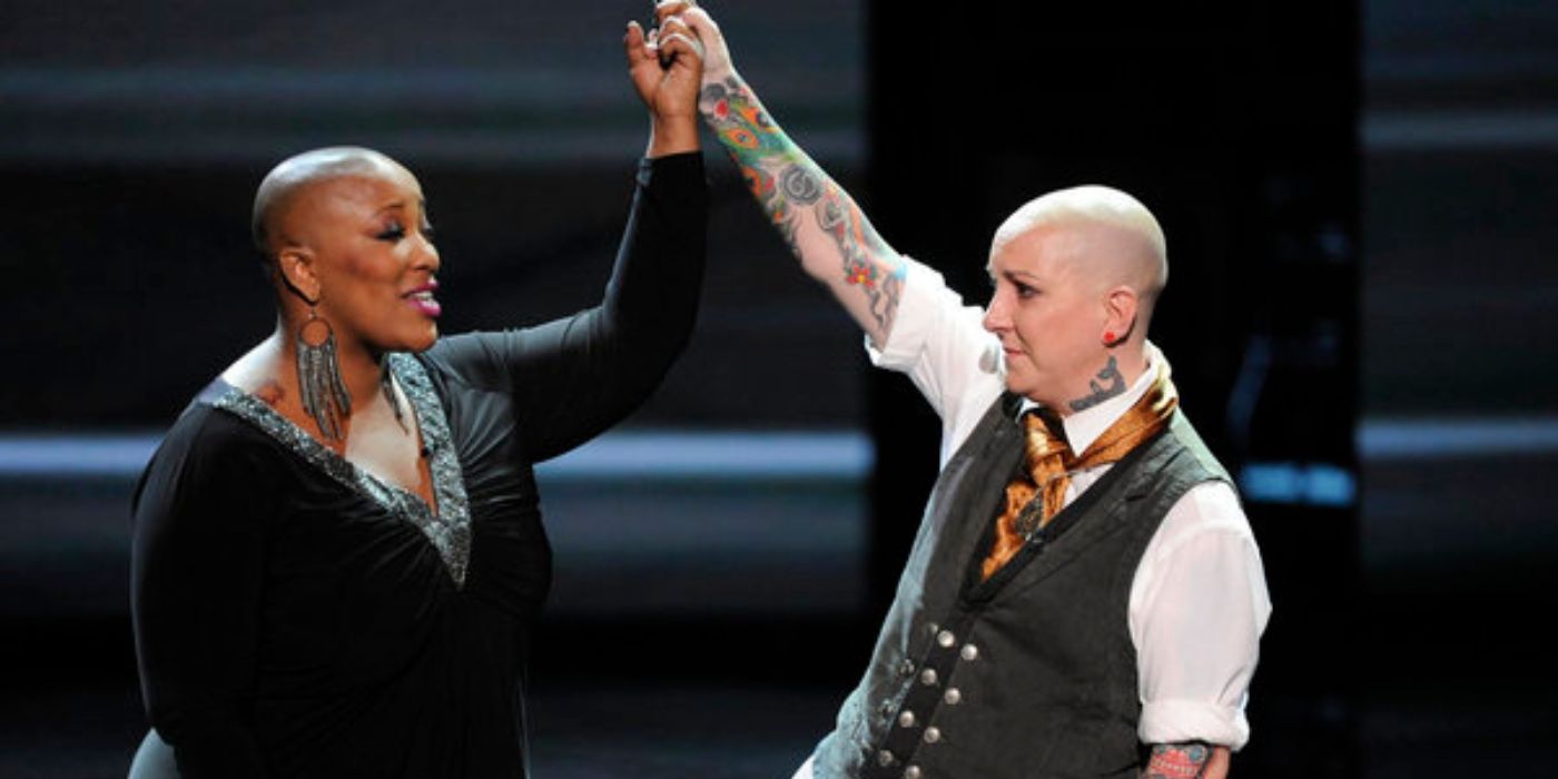 Frenchie Davis and Beverly McClellan hold hands on &lsquo;The Voice.'
