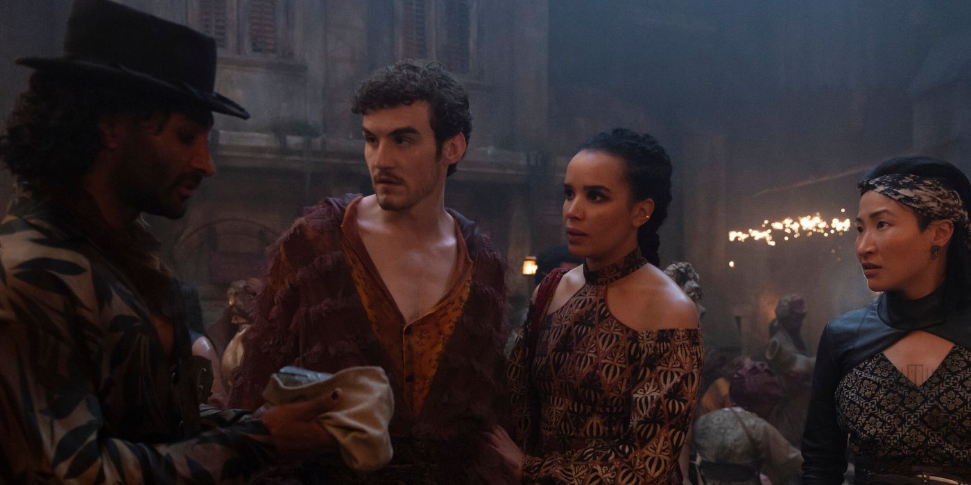 Donal Finn, Zoe Robins, and Kae Alexander in The Wheel of Time Season 3