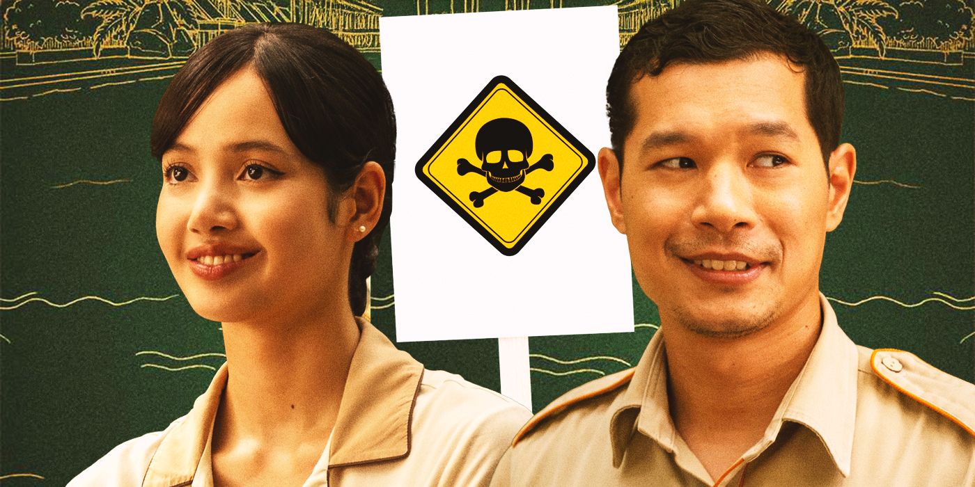 Lalisa Manobal as Mook and Tayme Thapthimthong as Gaitok in The White Lotus with a toxic sign between them