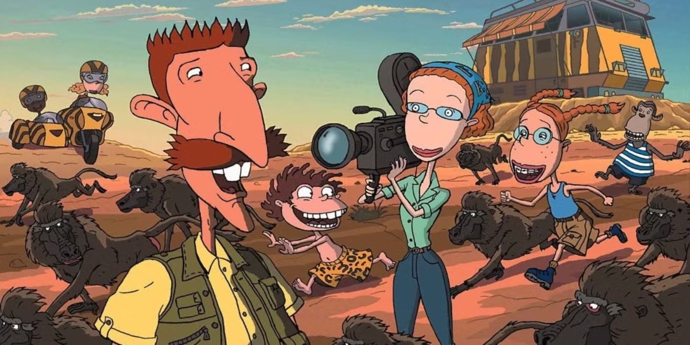 The Wild Thornberrys run around on a desert landscape with monkeys.