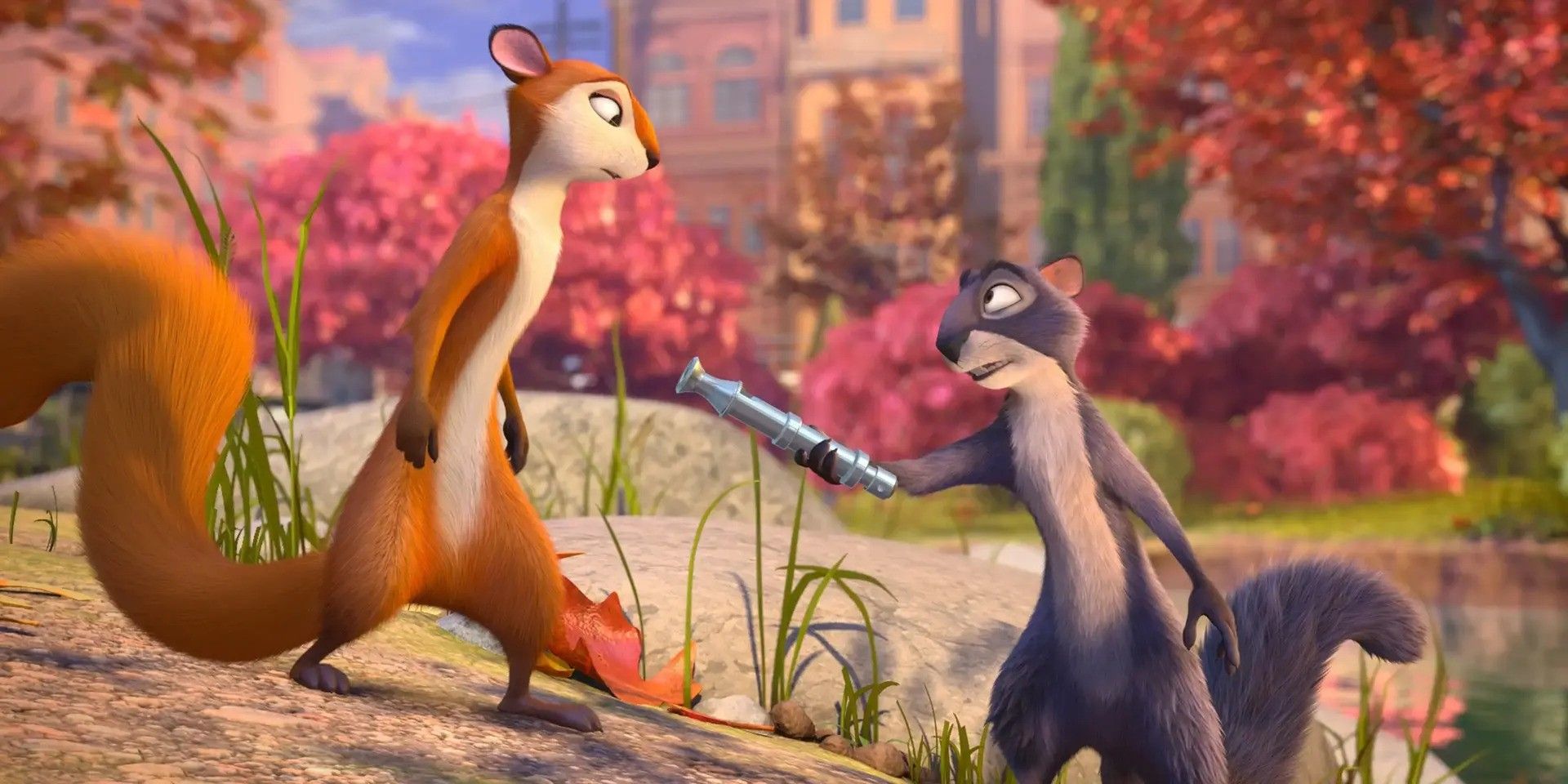 A purple squrrel handing a metal contraption to an orange squirrel in &lsquo;The Nut Job&rsquo;