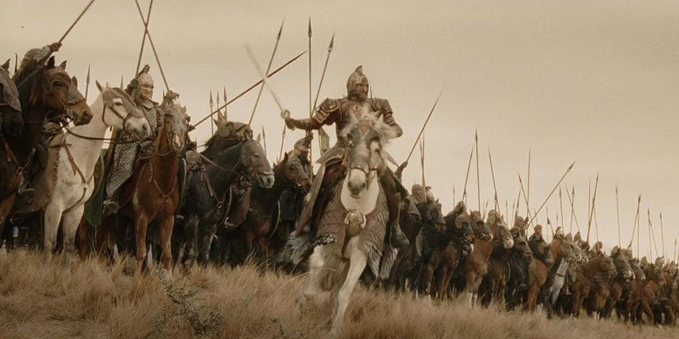 Theoden (Bernard Hill) leading the Rohirrim in the Battle of the Pelennor Fields from 'Return of the King'.
