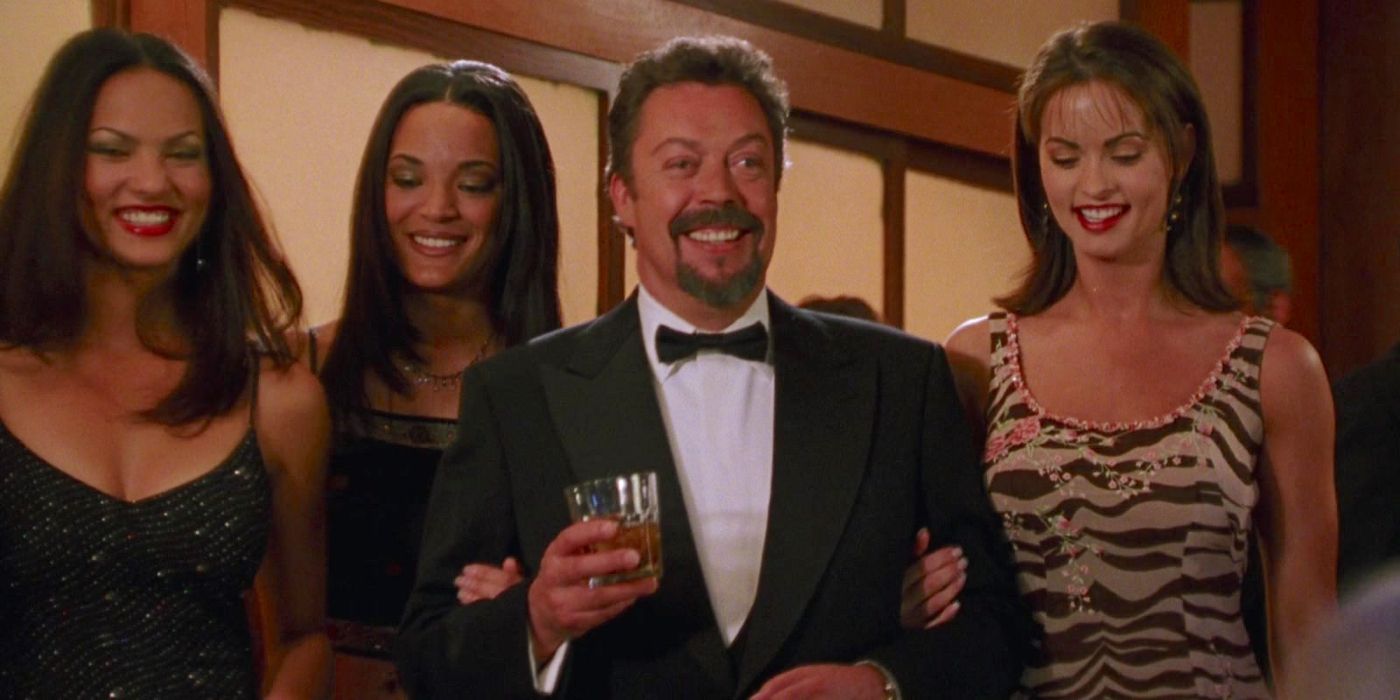 Tim Curry as Roger Corwin wearing a tuxedo and holding a drink with women around him in Charlie&rsquo;s Angels.