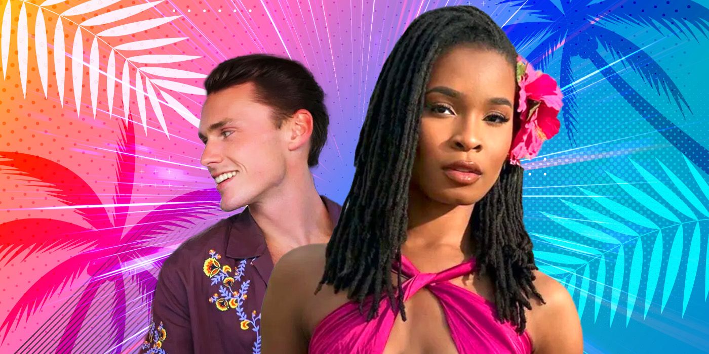 Courtney in front of Tyler who is looking to the side, in a custom image for Temptation Island.
