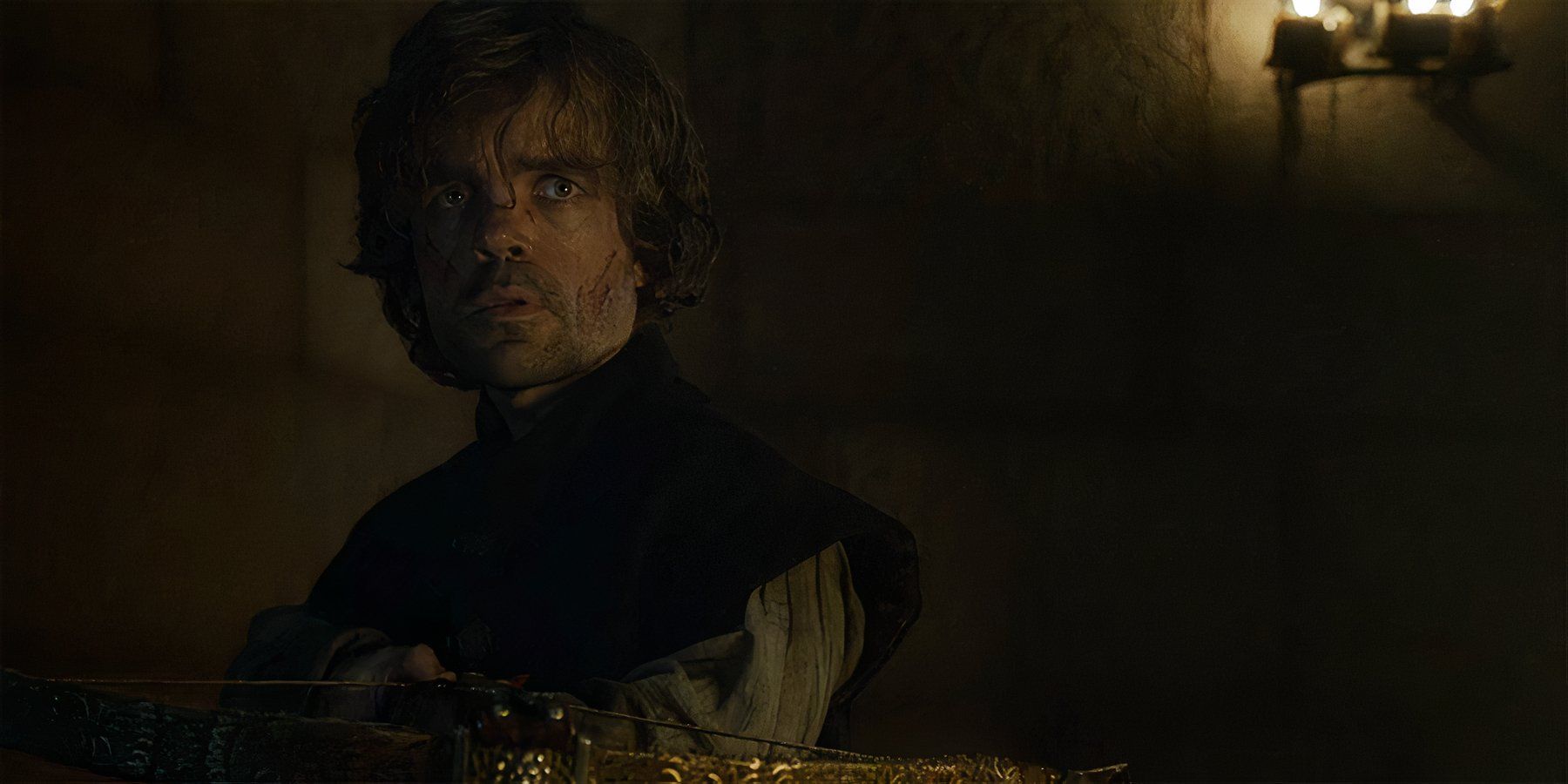 Tyrion Lannister holding a crossbow at the ready in Game of Thrones Season 4, Episode 10.