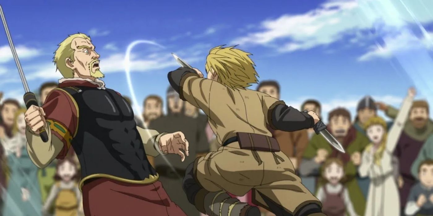 Thorfinn swiping a dagger at Askeladd in Vinland Saga