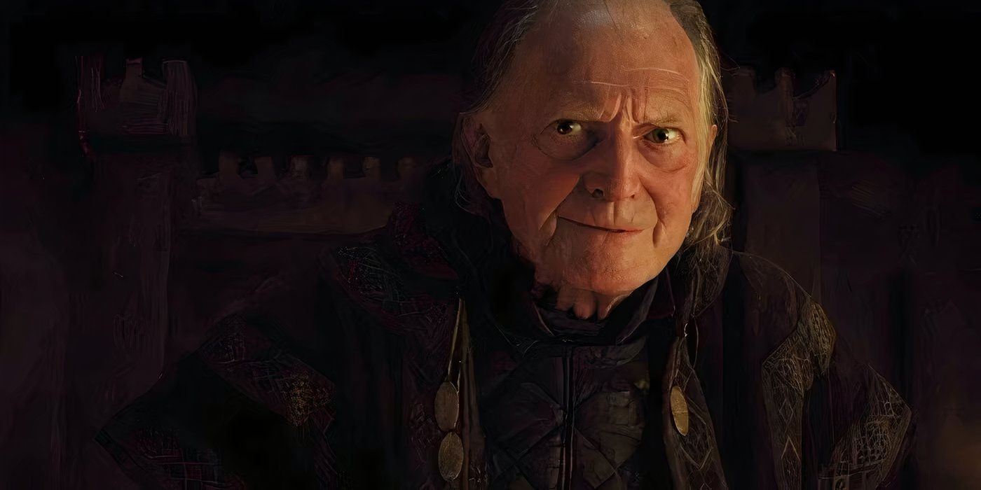 Walder Frey in the series Game of Thrones smiling.