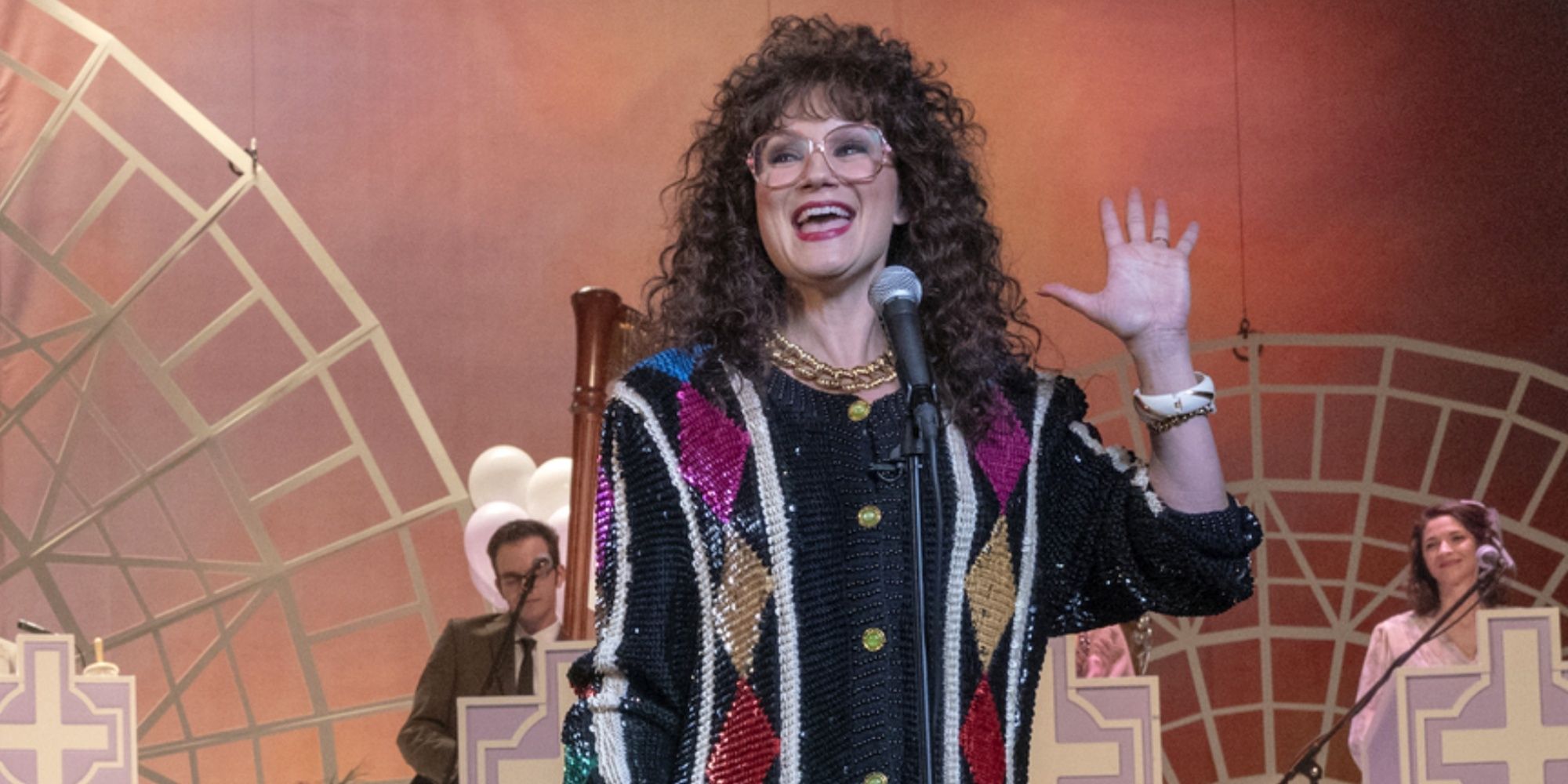 Jennifer Nettles as Aimee-Leigh Gemstone performing onstage at a microphone in The Righteous Gemstones