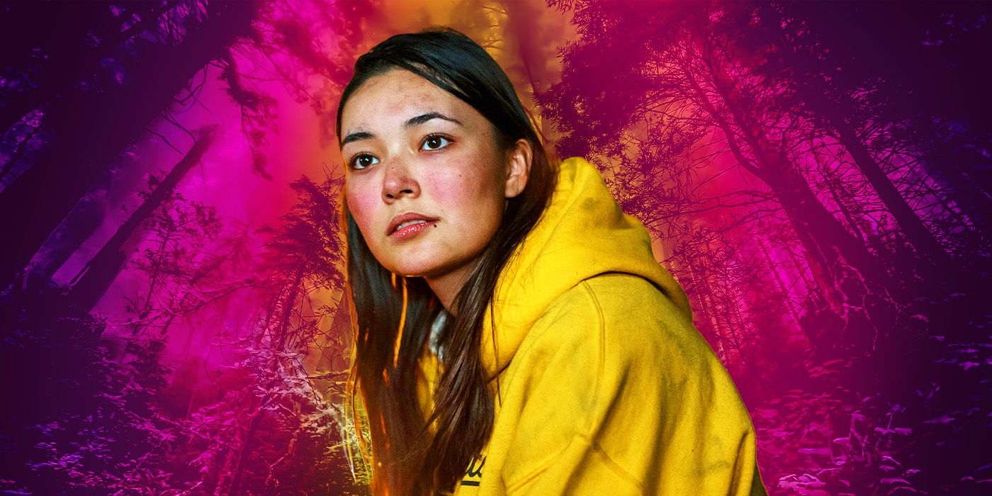 Custom image of Alexa Barajas as Mari of Yellowjackets, wearing a yellow sweater in front of a pink-tinged forest
