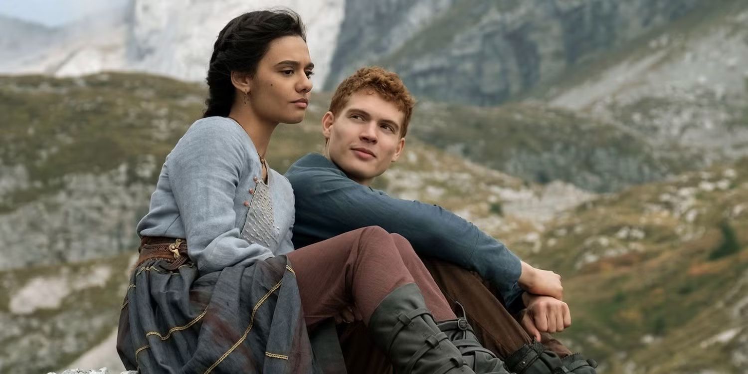 Josha Stradowski as Rand and Madeleine Madden as Egwene in The Wheel of Time Season 1.