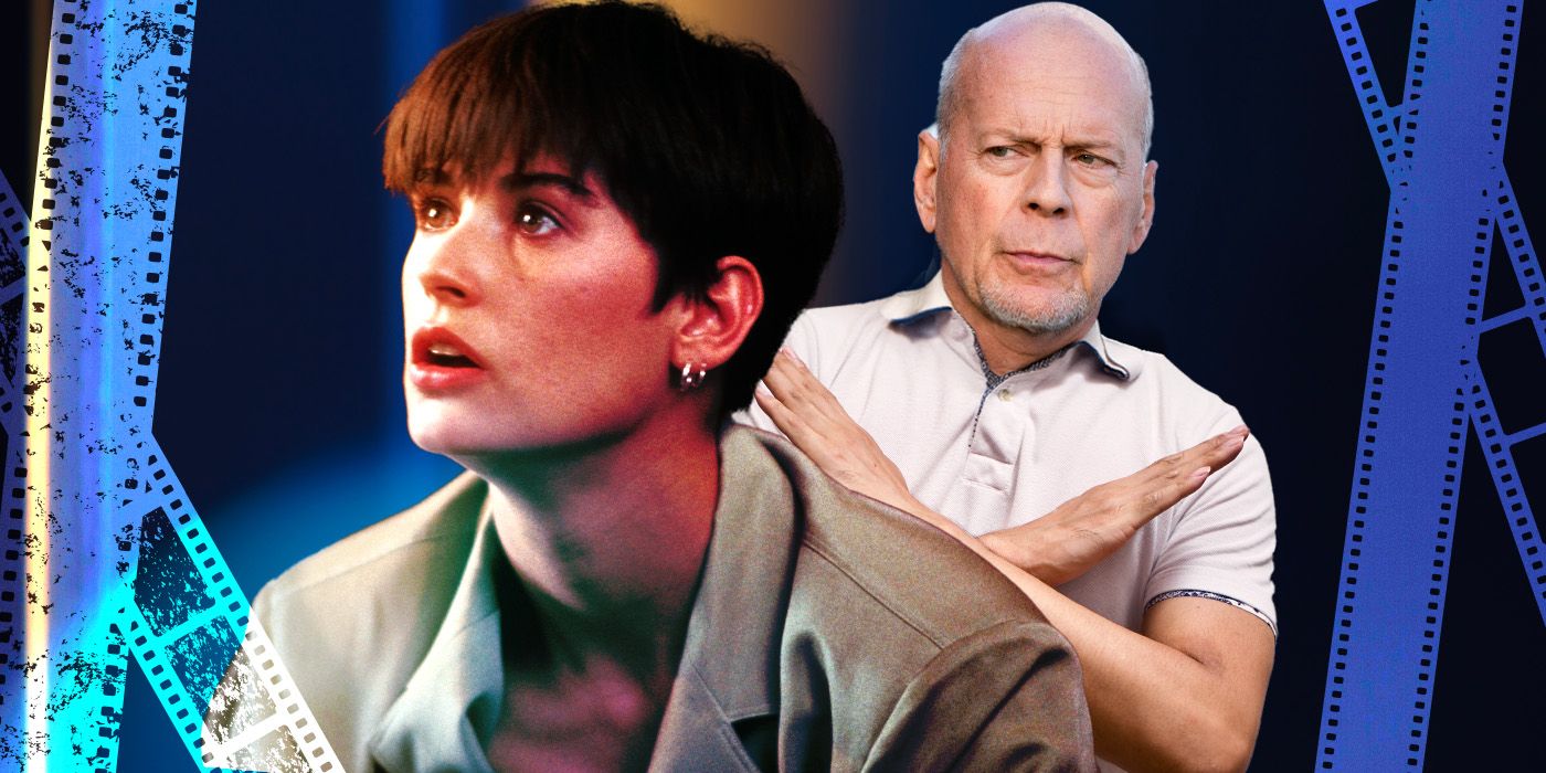 Demi Moore as Molly Jensen in Ghost, looking up startled, while Bruce Willis stands next to her holding his arms in the shape of a cross.
