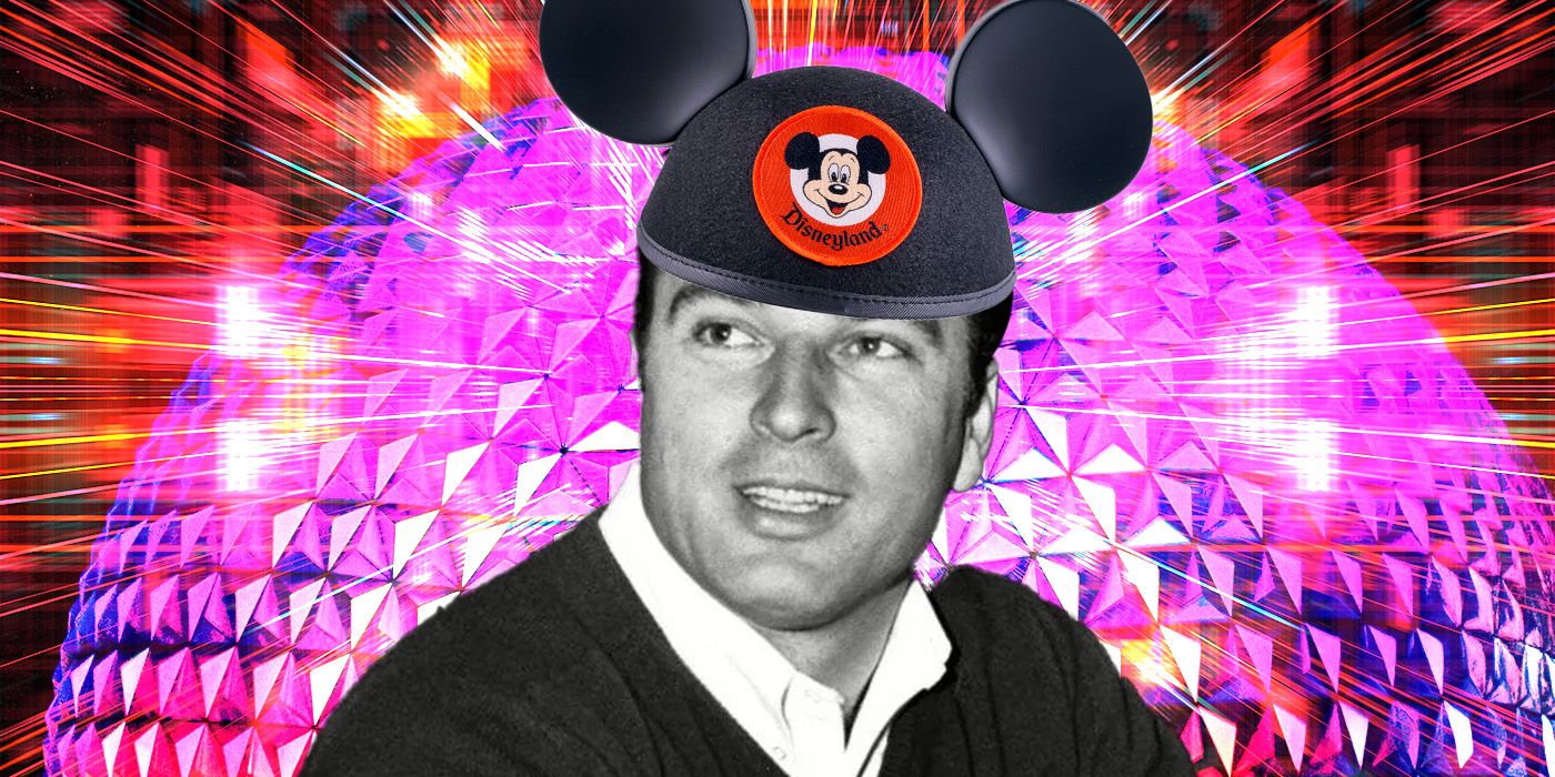 Walt Disney&rsquo;s son-in-law Ron Miller, shot in black and white, smiling and wearing a sweater and a set of Disneyland souvenir mouse ears against a glittering dome backdrop.