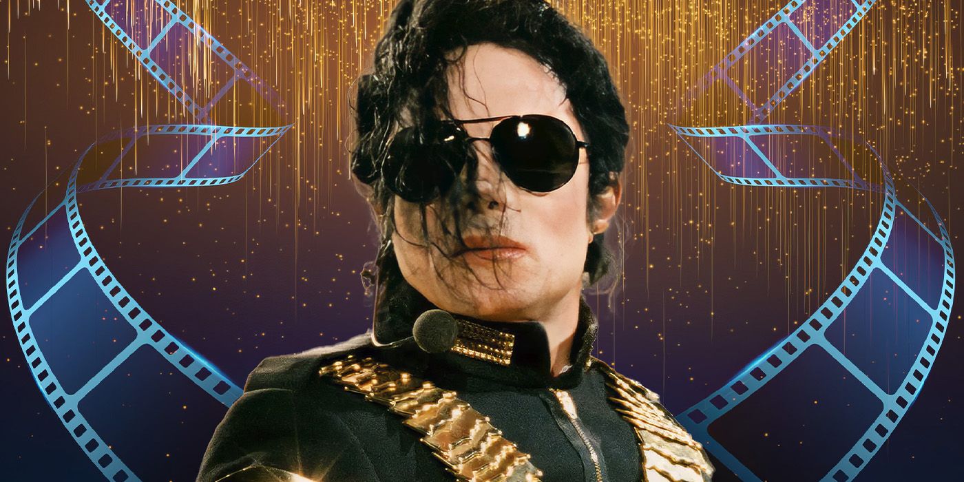 O artista Michael Jackson, em óculos escuros, com os cabelos soprando em seu rosto, contra um cenário de estrelas e rolo de filme.