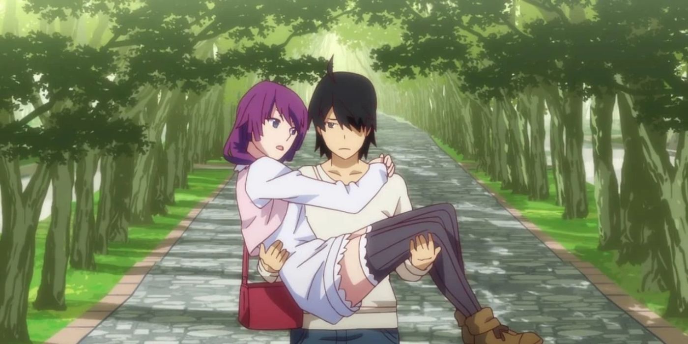 Araragi carrying Senjougahara in Monogatari Series