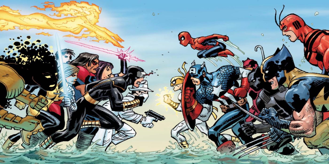 The X-Men and the Avengers face off in Marvel Comics.