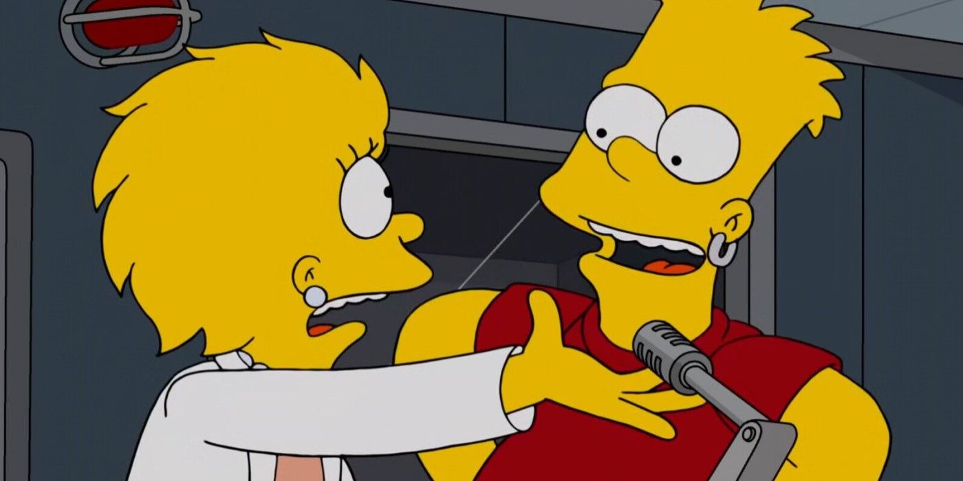 Bart (Nancy Cartwright) interrompe o discurso intergalático de Lisa (Yeardley Smith) nos Simpsons '