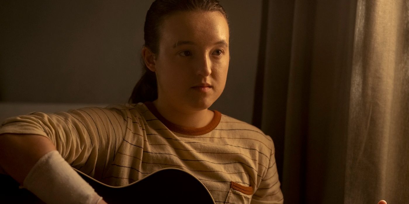 Bella Ramsey as Ellie playing a guitar on The Last of Us Season 2 Episode 6
