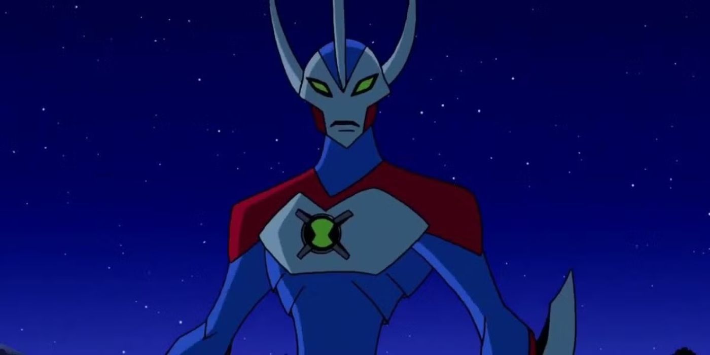 An alien stands with a dark, starry sky behind and looks at the camera in Ben 10: Ultimate Alien.